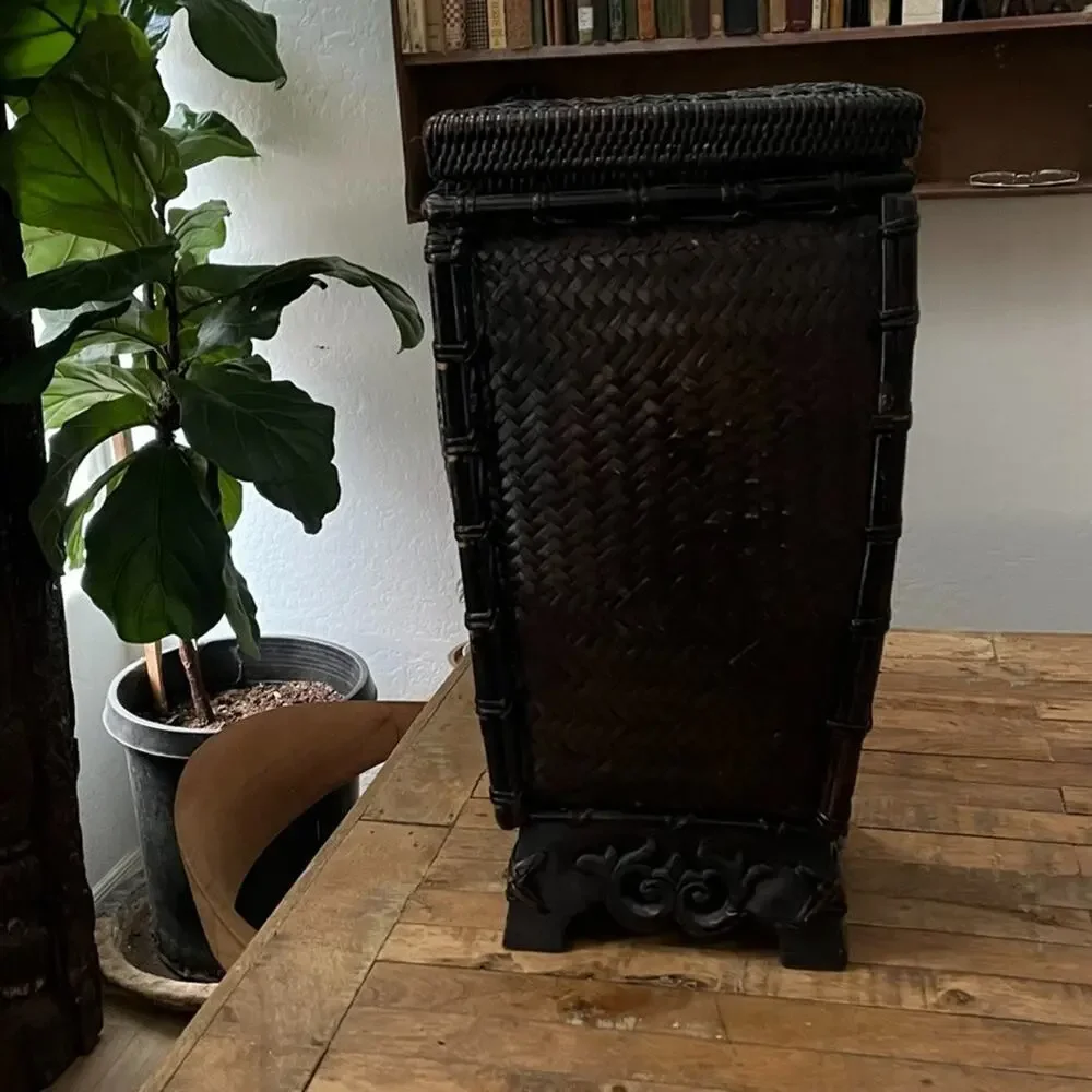 Vintage Chinese Footed Woven Rattan Storage Basket with Lid
